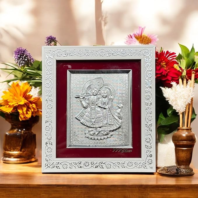 Silver Plated Radha Krishna/ Ganesh Laxmi/ Hanuman Ji Religious Photo Frame for Home Decor Gift Item Suitable For Pooja Room & Office